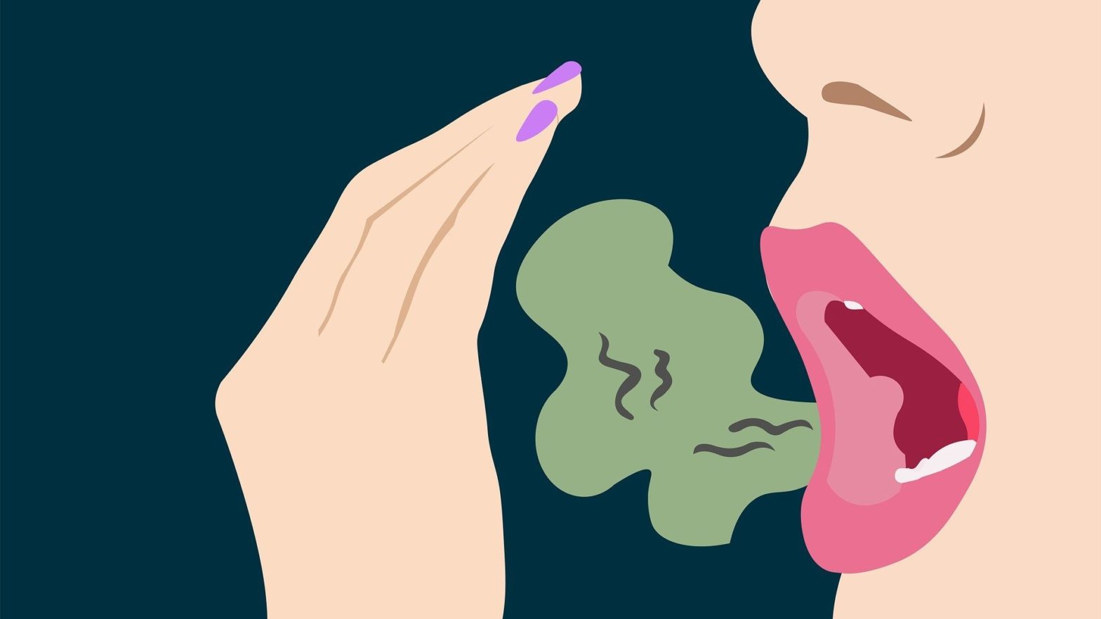 Ilustração de mulher com um cheiro ruim saindo da boca.